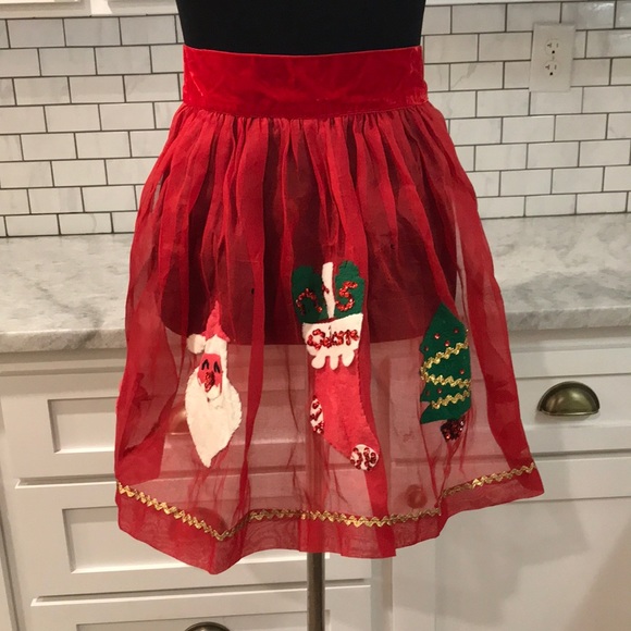 Hand Crafted Other - Vintage Christmas Felt Sequin Apron Handmade Santa Stocking Red Sheer Velvet